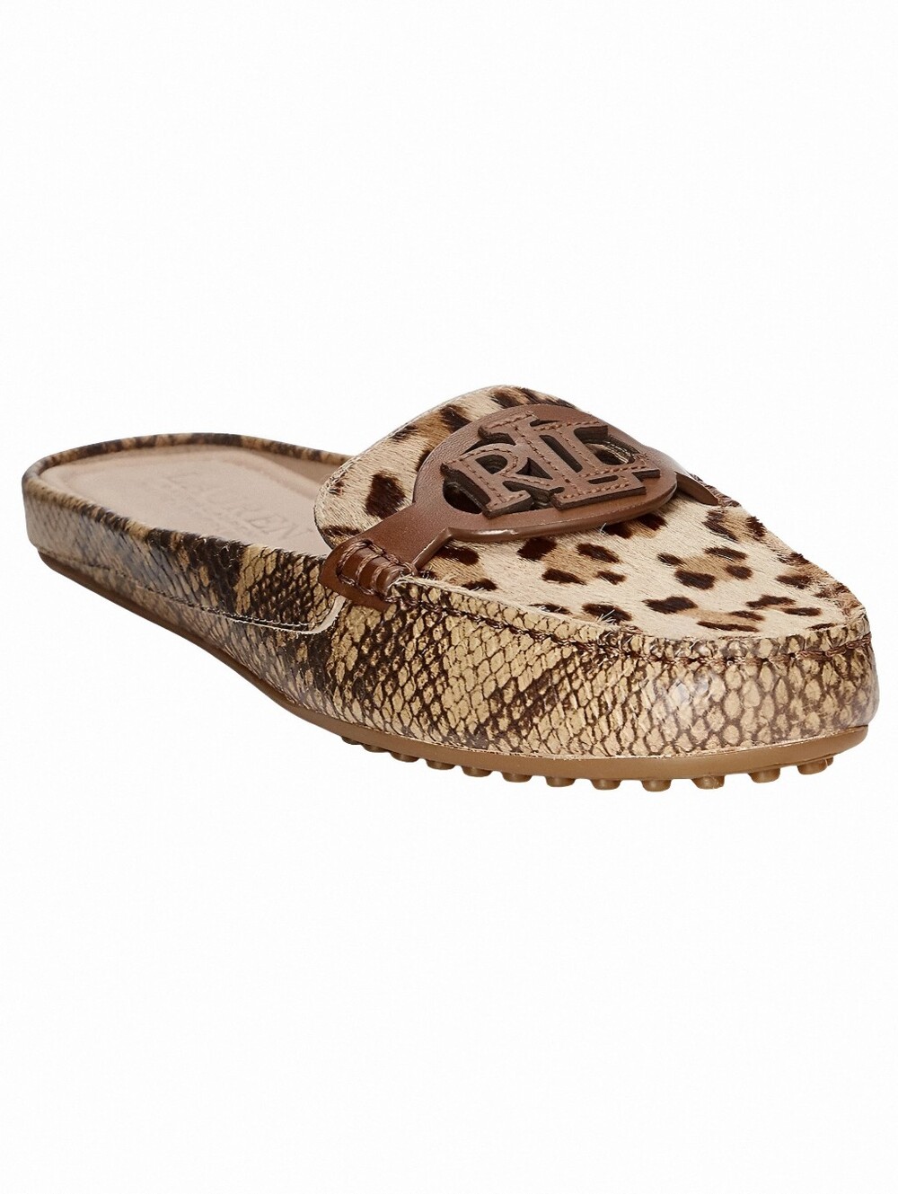 Ralph Lauren- Lauren Leopard/Snake Print Slip-On Leather Driving Mules - Picture 3 of 8